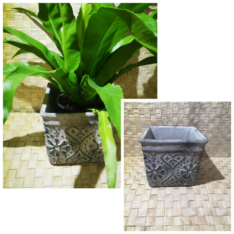 Square Cement Pot in Antique Grey with Heart and Flower Patterns